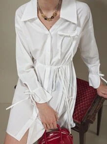 Muvela Damen Weißes Lässig/Business Einfarbiges Hemdkleid mit Schleife Knopfleiste vorne, Schmetterling-Ärmelauschnitt, taillierter Bund, Frühlings- und Sommer-Maxikleid