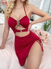 Camisón sexy de mujer con espalda abierta, cordón y diseño calado en un solo color - Burdeos - Ver 6