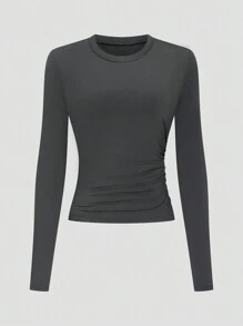 SHEIN LUNE Conjunto de 3 piezas talla grande: Top ajustado de cuello redondo de manga larga de punto con detalle de plisado lateral