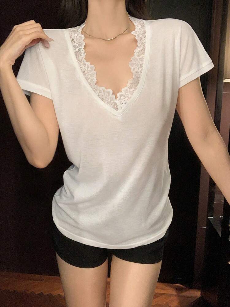 Lace Patchwork V-Neck Short Sleeve Women Casual T-Shirt