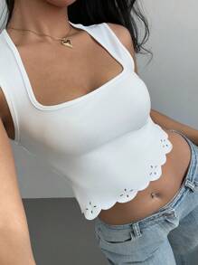 SHEIN Essnce Women's Sleeveless Asymmetrical Hem Floral Lace Square Neck Tank Top, Spring/Summer - White - View 4
