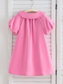 SHEIN Đầm thường ngày cho bé gái ngày lễ tình nhân phong cách công chúa tay bồng màu hồng trang trí hình trái tim cài nút phía trước, mặc hàng ngày vào mùa hè - Hồng - Xem 2