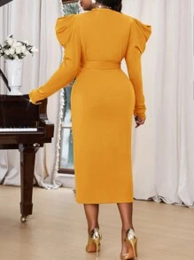 SHEIN Lady Autumn And Winter Elegant Navy Blue Knitted Round Neck Long Sleeve Bodycon Dress Plus Size Dresses Blue Dresses