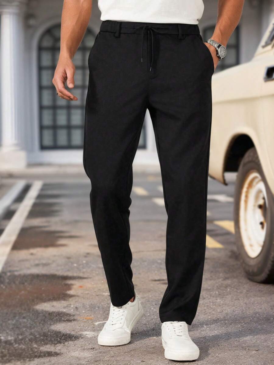 Manfinity Mode Pantalones casuales y versátiles de hombre con cordón a la cintura y unicolor - Negro - Ver 1