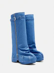 CUCCOO CURVES Plus Size Women Vintage Thick Sole Fashion Round Toe Shark Hem Belt Buckle Long Boots For Autumn/Winter