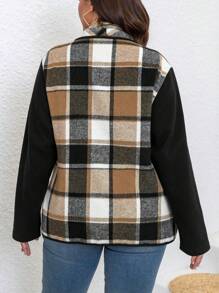 SHEIN LUNE Plus Size Women Plaid Patchwork Long Sleeve Casual Jacket, Autumn