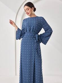 Veilorie 女士优雅阿拉伯风格提花结腰长袖连衣裙，端庄