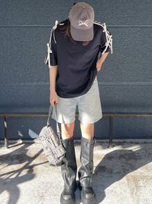 FRIFUL Women's Black Loose T-Shirt With Contrast Bow Tied Collar, Sweet Style, Summer