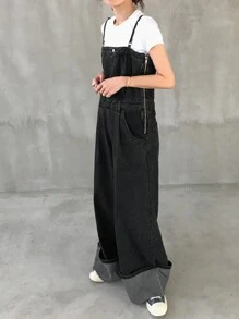 FRIFUL Damen Lässig Jeans-Latzhose mit verstellbaren Spaghettiträgern, Knopfleiste und Taschen - Grau - Übersicht 6