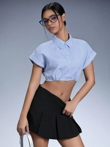 SHEIN Unity Oversized Striped Collared Button Down Shirt, Cropped Design, Fashion & Versatile - Blue and White - View 6