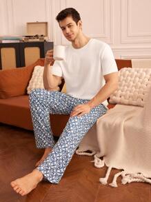 Solid White Short Sleeve Top And Striped Print Sleep Pants Men's Pajama Set - Multicolor - View 5