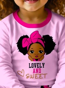 SHEIN 女婴图案印花休闲舒适长袖和长裤家居服套装，贴身合身，适合所有季节