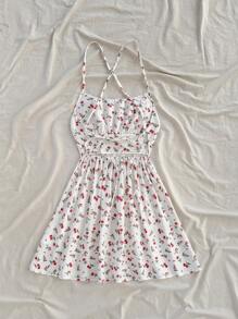 Soleia 女士樱桃印花交叉露背迷你连衣裙，适合度假、音乐节、波西米亚风、约会和下午茶 - 彩色 - 查看 2