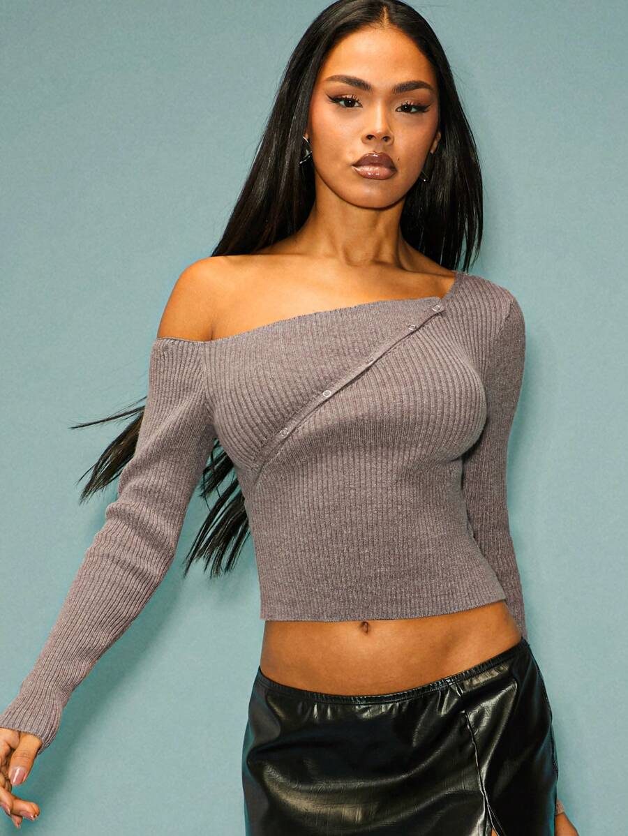 SHEIN Unity Snap Button One Shoulder Sweater Top - Brown - View 1