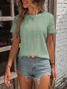 EMERY ROSE 女士焦印花和刺绣装饰圆领短袖休闲 T 恤 - 綠色 - 查看 3