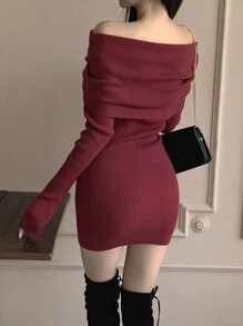 DAZY Women's Bodycon Off Shoulder Sweater Dress With Oversized Collar,Fall Women Clothes Red Women Dresses - Burgundy - View 5