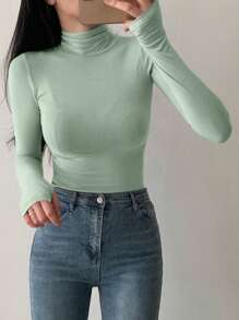 DAZY Dames coltrui lange mouw basis shirt, groen, lente/zomer
