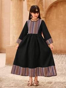 Tween Girls Long Sleeve Casual Minimalist Fashion Daily Dress - Black - View 3