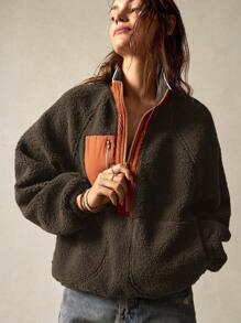 Bohemela Vacation Solid Knitted Raglan Sleeve Half Zip Up Loose Fit Women Hoodie - Brown - View 3