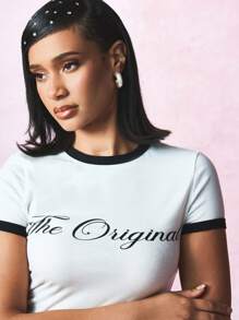 SUMWON WOMEN La camiseta corta original estilo retro para bebé, top corto con cuello de campana, moda Y2K, camiseta ajustada de manga corta casual de estilo vintage para el verano, básica de uso diario