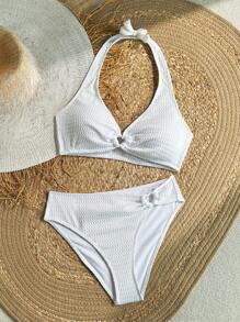 SHEIN Teen Girl White Textured Halter Crop Top & Ruched Triangle Tankini 2 Pieces Swimwear Set - White - View 2