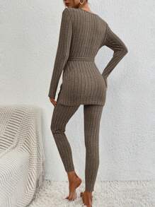 EURMUSE Cotton Solid Ribbed Knit Belted Tee & Leggings - Maroon - View 2