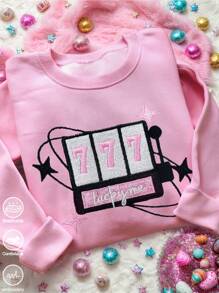 SHEIN Embroidered "KUCKY ME" Pattern Women Round Neck Regular Fit Long Sleeve Sweatshirt, Suitable For Spring/Autumn Pullover Fall - Pink - View 1