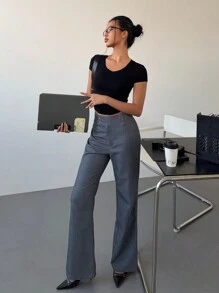 Siren Gaze 女士低腰修身喇叭裤烟管裤知性时尚博主风裤子女士办公室通勤裤复古别致女裤 - 灰色 - 查看 4