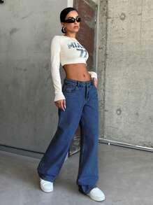 SHEIN Cottnline 100% Cotton LOW RISE WIDELEG CUT LIGHT BLUE WOMEN JEAN - Medium Wash - View 3
