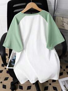 SHEIN Leap Crew Teen Girl Gray Green White,Flower Print,Round Neck Contrast Color Raglan Sleeves, Casual T-Shirt,Oversize - Mint Green - View 2