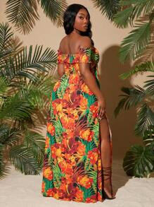 SHEIN SXY Vestido largo casual con estampado floral, manga corta, hombros descubiertos y bajo dividido, tallas grandes