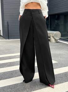 SHEIN EZwear Quần dài đơn giản màu trơn có túi cài nút phía trước dành cho nữ, mặc hàng ngày - Xám - Xem 4