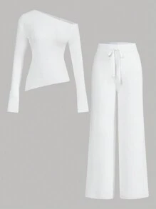 Aloruh Women's Autumn/Winter Earthy-Tone Brown Off-Shoulder Long Sleeve Fitted Sweater & Asymmetrical Sweater Flared Pants 2pcs Set - White - View 1