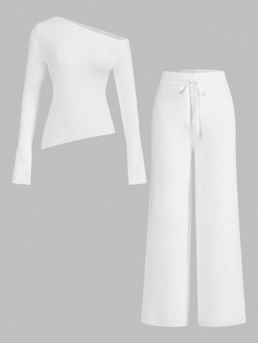 Aloruh Women's Autumn/Winter Earthy-Tone Brown Off-Shoulder Long Sleeve Fitted Sweater & Asymmetrical Sweater Flared Pants 2pcs Set - White - View 1