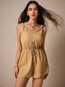 SHEIN Frenchy 夏季休闲宽松短款连体裤，前腰纽扣连体裤