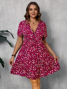 SHEIN LUNE Plus Size V-Neck Polka Dot & Ditsy Floral Pattern Short Dress For Summer - Hot Pink - View 3