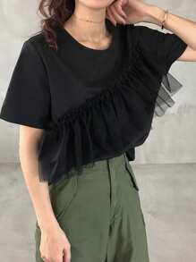 FRIFUL Women's Casual Solid Color Ruffle Mesh Trim T-Shirt, Summer Short Sleeve Top - Black - View 3