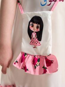 SHEIN 女孩中东风格 Abaya Kaftan Jalabiya 开斋节穆斋月印花 A 字形拼布荷叶边下摆休闲连衣裙，配有斜挎包 - 彩色 - 查看 4