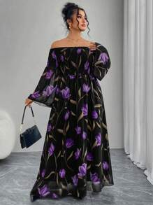 Modelyn Plus Size Chiffon Off Shoulder Bell Sleeve A-Line Dress, Floral Print, Suitable For Spring/Summer - Multicolor - View 3