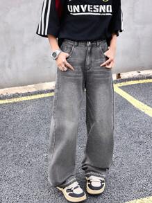 SHEIN Teen Boy Y2k Old Money Fashion Casual Gary Denim Cotton Basic Simple Comfortable Fresh Slim Teen Boy Jeans For Boy Soft Dailywear And Teen Boy Summer Clothes - Grey - View 3