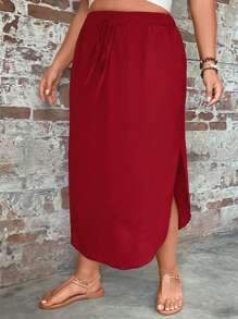 SHEIN LUNE Plus Size Solid Color Front Tie Minimalist Skirt, Casual Daily Wear - Red - View 4