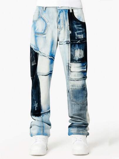 Street Life Jeans de mode casual à jambe droite avec patchwork de poche pour hommes