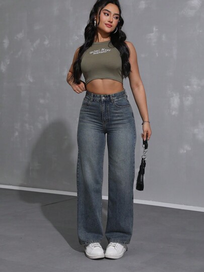 SHEIN ICON Pantalon en jean décontracté pour femmes à jambes larges et coupe ample avec poches