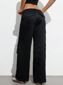 Aveloria Affinna Black High Waist Utility Cargo Pants With Single Pocket, White Contrast Stitching, Y2K Retro Front Cut Design, Cool Girl Style Fall Cloth For Women