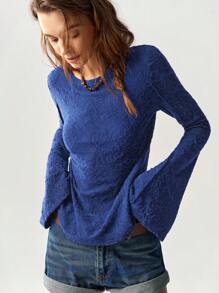 Bohemela BOHO Women's Casual Solid Color Knit Spliced Lace Flare Long Sleeve Slim Fit Regular T-Shirt