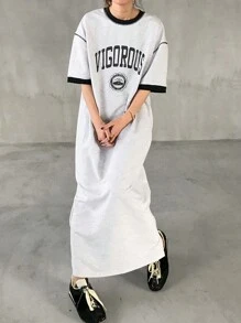 FRIFUL Women's Long Letter Printed Dress With Contrast Trim, Summer Wear Sundress,Casual Women Dresses
