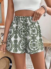 SHEIN Frenchy Women's Holiday Plant Print Waist Tie Ruffle Hem Shorts Summer Vacation Flower Green - Green - View 3