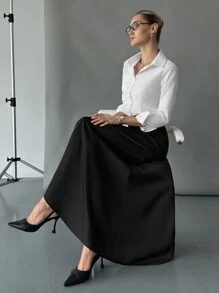 Siren Gaze 纯色高腰隐形口袋半身裙，女士休闲荷叶边，拉链长款常规版型超高腰黑色纯色女式半身裙，春季/秋季，休闲日常穿着 - 黑色 - 查看 5