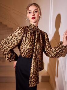 Vintamour Retro Elegant Women Leopard Print Gathered Mock Neck Long Lantern Sleeve Blouse, Work/Party Wear Winter Women Long Sleeve Shirt Vintage Thanksgiving Women Winter Christmas Women Christmas Thanksgiving Shirt Christmas Top Christmas Shirt Christmas Winter Tops Winter Women Tops Holiday - Khaki - View 2