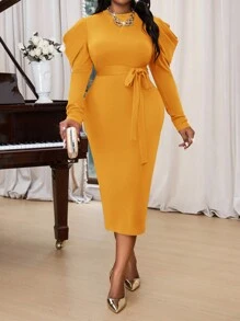 SHEIN Lady Autumn And Winter Elegant Navy Blue Knitted Round Neck Long Sleeve Bodycon Dress Plus Size Dresses Blue Dresses